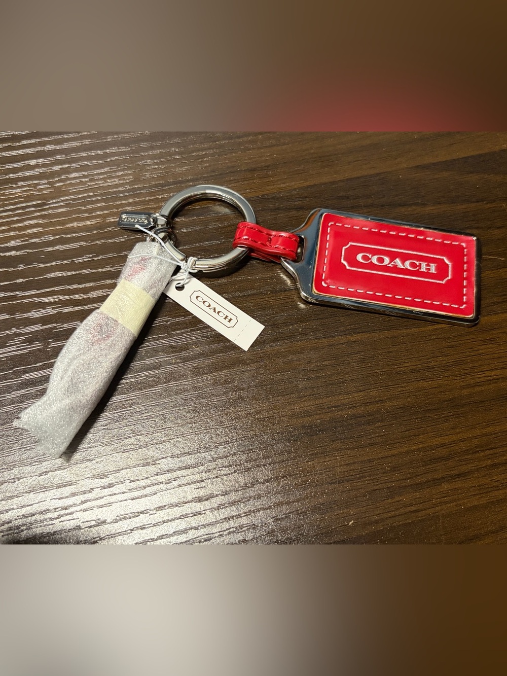 NWT Coach Hangtag, Key Fob, Metal and Leather, Red and Silver F65745